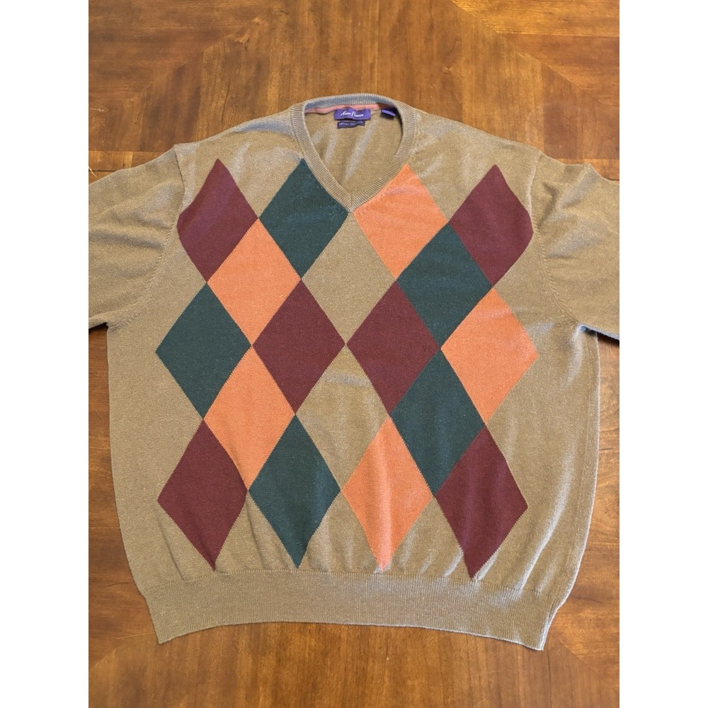 Alan Flusser Sweater Men XXL Tan Argyle Cotton Cashmere V-Neck Pullover